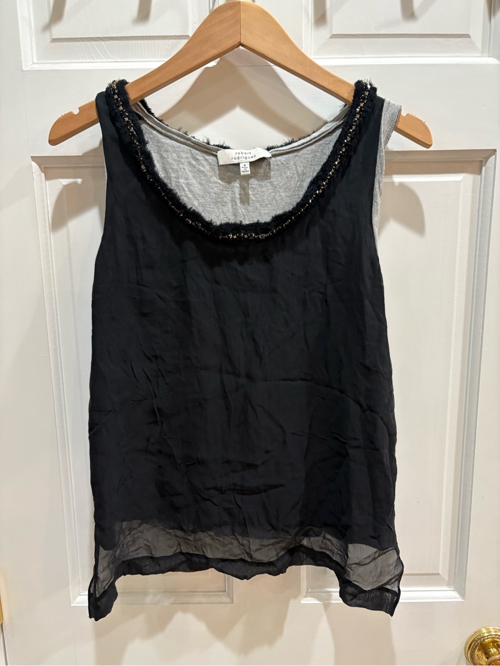 Robert Rodriguez Silk Black Layered Beaded-Neck Tank